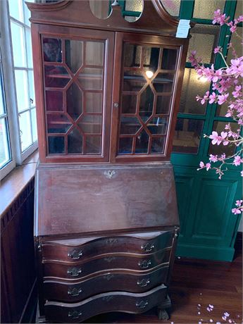 2 Piece Colonial Repo Governor Winthrop Style Mahogany Wood Secretary Desk/Hutch