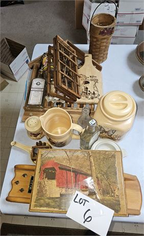 Mixed Decor Lot- MCM Canisters, Letter Holder, Vintage Bottle, Shelve & More
