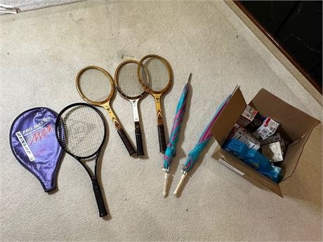 Lot of Tennis Rackets, umbrellas and misc items