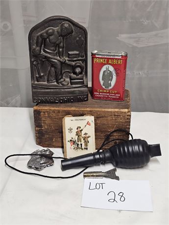 Mixed Vintage Lot- Conval, Ohio Cast Bookend, Tabacco Tin, Rocket Reamer Pipe To