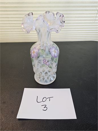 Fenton Hand Painted Signed Opalescent Lattice Floral Vase