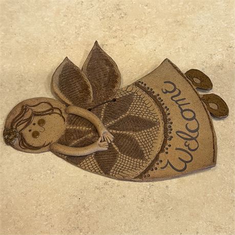 Handmade Artisan Pottery "Welcome" Angel - Approx. 14 x 10"