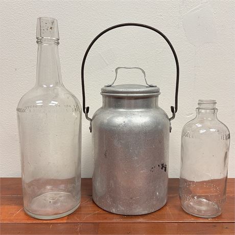 Aluminum Milk or Cream Can and Clear Glass Bottles
