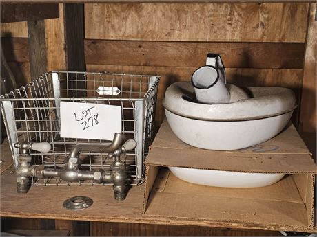 Enamel Bedside Pans / Hot&Cold Faucet & Wire Basket