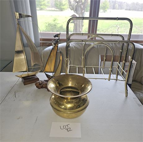 Brass Spittoon, Metal Sailboat On Driftwood & Sailboat Wood Mount & More