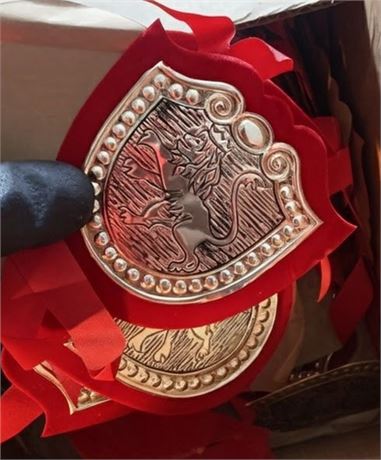 Graveside Memorials- Gold Foil Lion's Shield, Ground Poinsettia Floral "Mom"