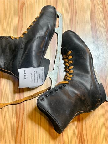 Vintage Black Leather Ice Skates W/Yellow Laces