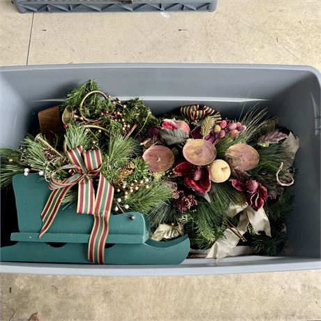 Large Tote of Holiday Decorations - Lovely Centerpieces, Candle Holders, Etc.