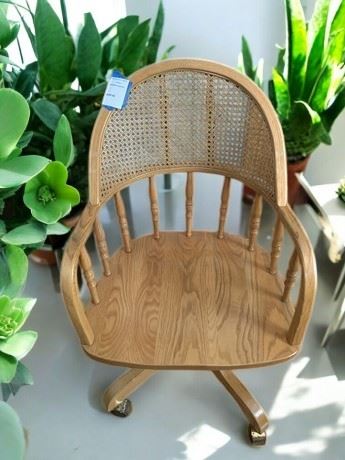 Oak Wood Wicker Back Rolling Desk Chair