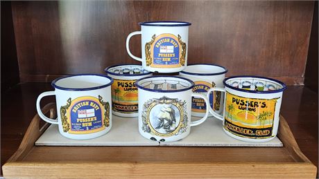 Set of 6~Enameled Tin Cups-British Navy Pusser's Rum on Wooden Tray