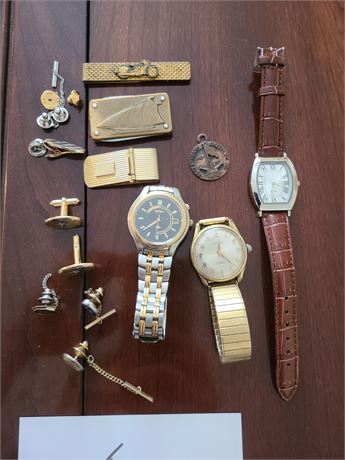 Men's Jewelry & Watch Lot: Seiko Kinetic Wrist Watch/Waltham Wrist Watch & More
