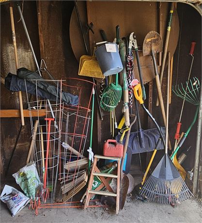 Garage Wall Cleanout- Shoves, Lead Grabbers, Trimmers, Sports Chairs, Step Stool