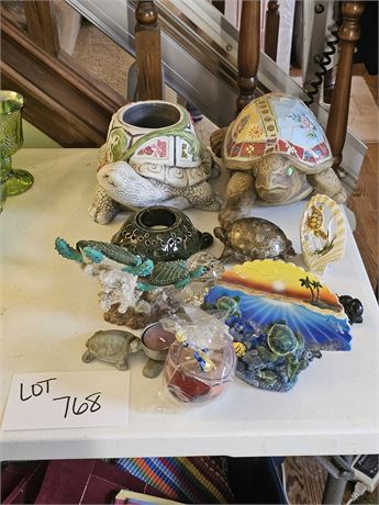 Mixed Turtle Figurine Lot: Mosaic / Candle Holders / S&P + Much More