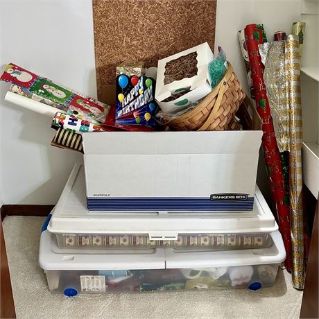 Large Lot - Totes/Boxes Filled w/ Mixed Holiday Wrappings and Some Decor