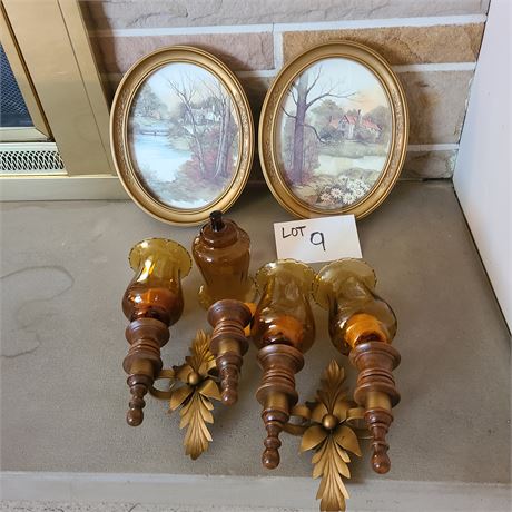 Homco Country Oval Prints + Amber & Wood Sconces