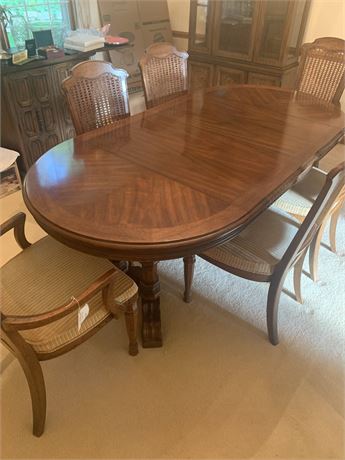 Wood Pedestal Dining Table & 6 Cane-Back Dining Chairs - 2 Leaves