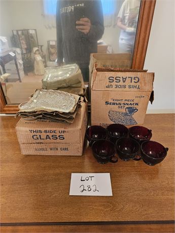 Anchor Hocking Ruby Cups/ Crystal Fan Trays Snack Sets