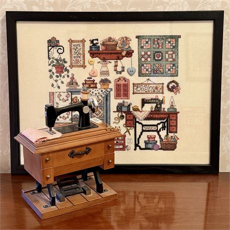 Decorative Needlepoint Wall Hanging and Mini Wood Sewing Machine - 17 x 13 1/8"