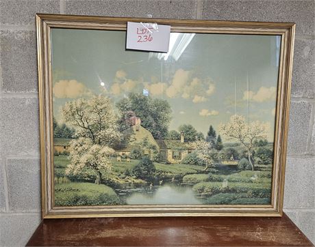 Vintage Lithograph Cherry Blossom Village Scene Art Print In Frame