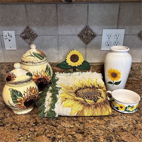 Sunflower Decor with Canisters, Pillow Covers, Vase and More