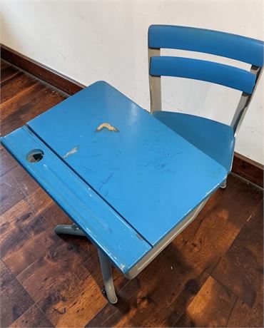 Vintage Kid's Blue Metal & Wood School Desk W/Matching Blue Chair