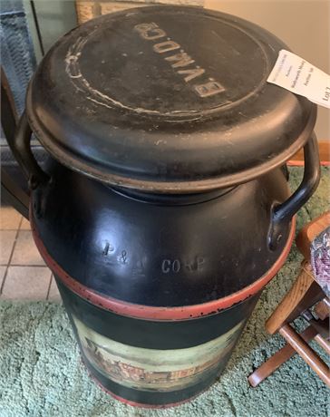 Antique Metal Dairy Milk Can With Painted Train Scene by B.V.M.D. Co.