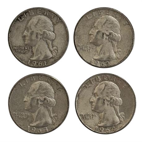 1960's Washington Silver Quarters - 1961, 1962, 1963, 1964