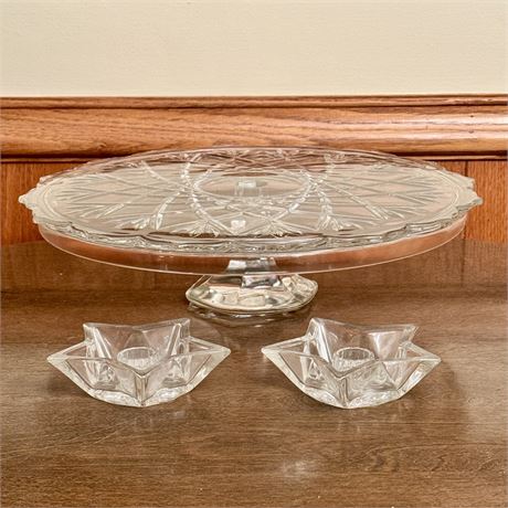 Pressed Glass Pedestal Cake Stand and Star Candle Holders