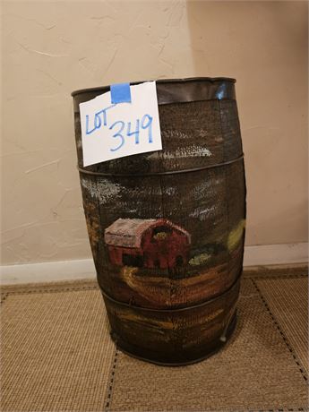 Antique Wood Barrel - Hand Painted Barn Scene