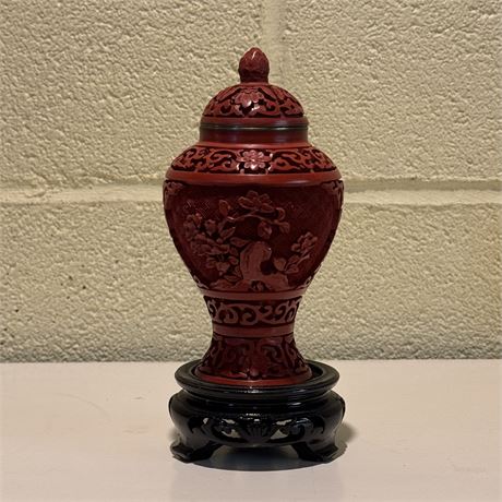 Chinese Hand Carved Cinnabar Vase with Stand - 6"H
