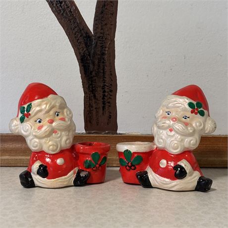 Retro Santa Claus Ceramic Candle Holders - Approx. 3.25"H