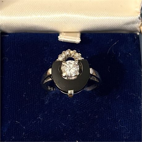 B-T 10K White Gold, Diamond and Onyx Ring - Approx. Size 6 - 3.63g