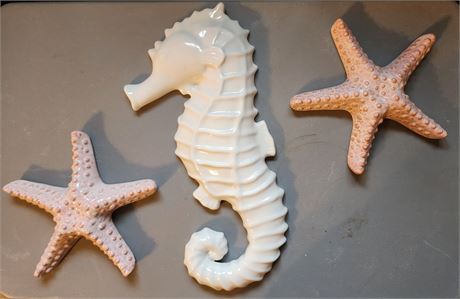 3 Piece Ceramic Sea Life Decor ~ 2-Starfish  1-Seahorse