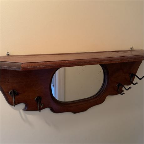 Old-Time Wall Mounted Wooden Hat/Coat Rack w/ Mirror