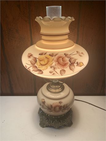 Vintage Hurricane/Parlor Table Lamp W/Floral Rose Pattern