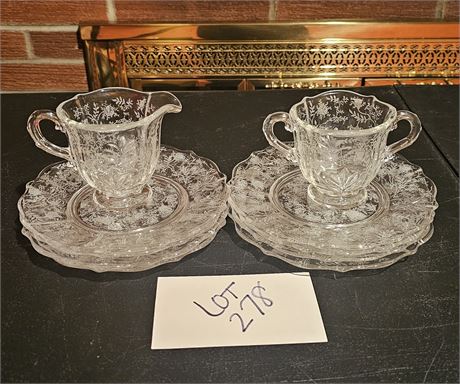 Cambridge Etched Rose Luncheon Plates, Creamer & Sugar