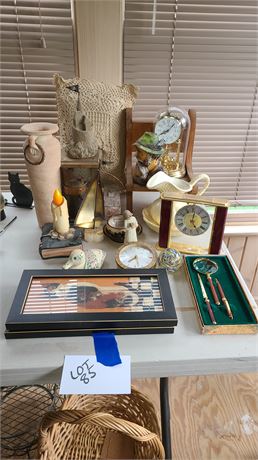 Mixed Home Decor Lot: Vases/Art/Pitcher/Danbury Clock/Paperweights & More