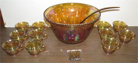 Iridescent Gold Carnival Glass Punch Bowl Set