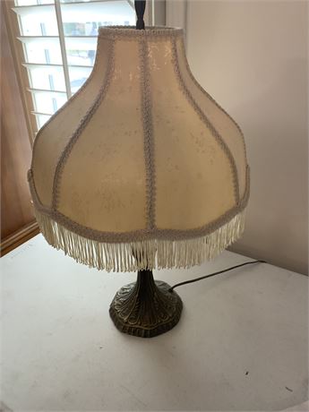 Victorian-Style Metal Table Lamp With Tasseled/Fringed Ivory Shade