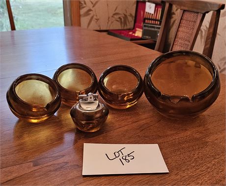 Viking Glass MCM Amber Ashtray & Lighter Set