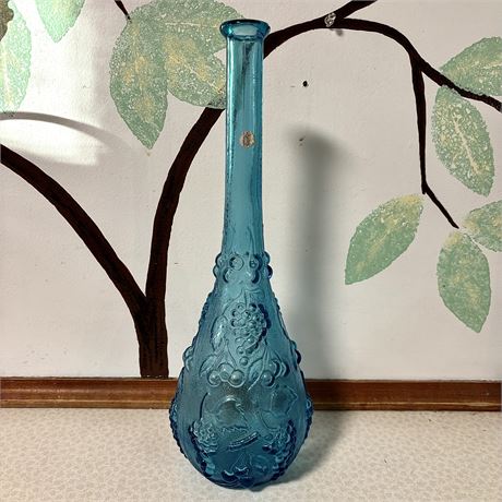 Empoli Art Glass Tall Aqua Blue Grape Motif Vase - 15"H