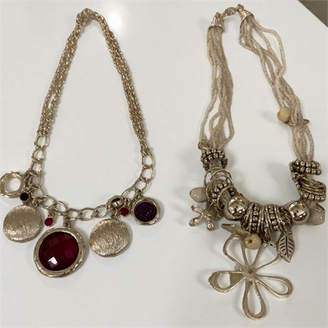 Silver Metal Round Charm Necklace & Multi-Strand Beaded Floral Charm Necklace