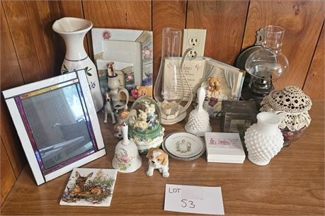 Mixed Home Decor Lot- Bells, Oil Lamp, Frames & More