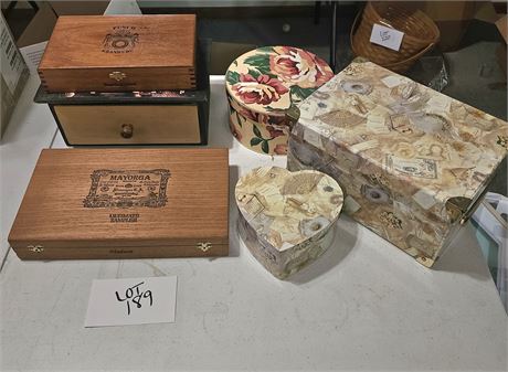 Mixed Small Storage Box Lot- Wood Boxes, Hat Box & More