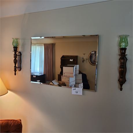 Large Beveled Glass Wall Mirror / Homco Wood Wall Sconces