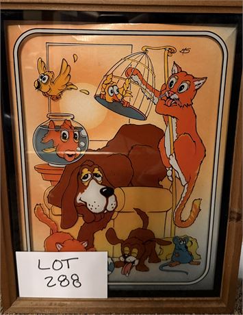 Vintage Reverse Painted Glass Framed Art Signed MS 16.5” X 13” X 1.5”