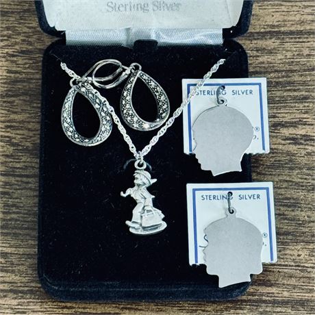 Sterling Silver 925 Bundle - Hummel Necklace, Charms and Marcasite Earrings