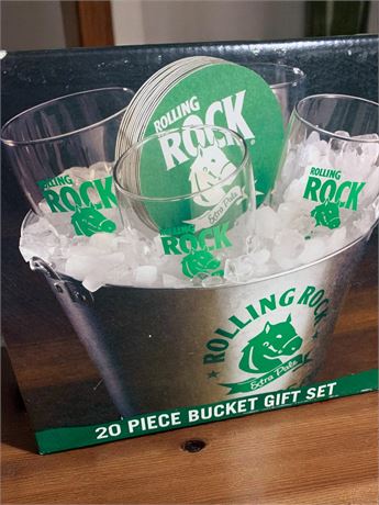 Rolling Rock 20 Piece Gift Pack - Ice Bucket, 15 Coasters, 4 Tulip Beer Glasses