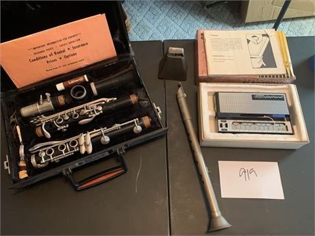 Musical Instrument Lot Clarinet Cow Bell Stylophone Pocket Synthesizer