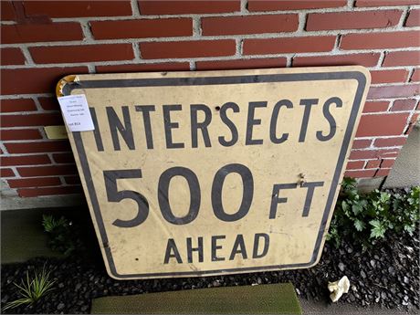 Vintage Metal Traffic Sign - Intersects 500 FT Ahead (Black & White)